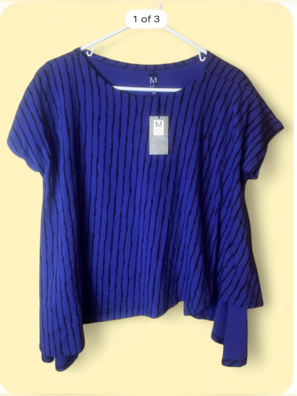 M‎ x MATTHILDUR Icelandic Design Blue/Black Stripe Asymmetrical hem Tee Size S